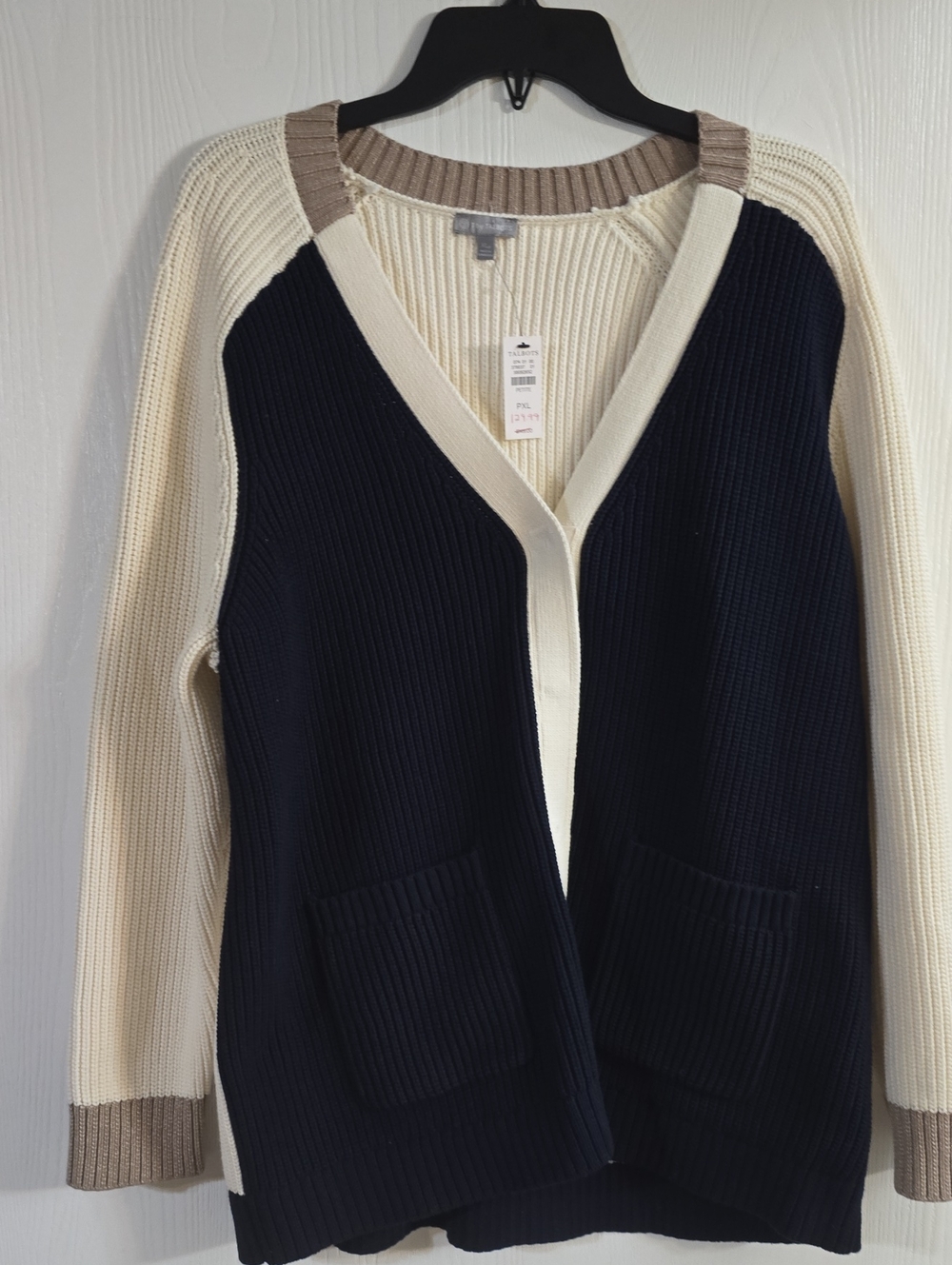 Talbots Navy, Cream & Tan Colorblock V-Neck Cardigan
